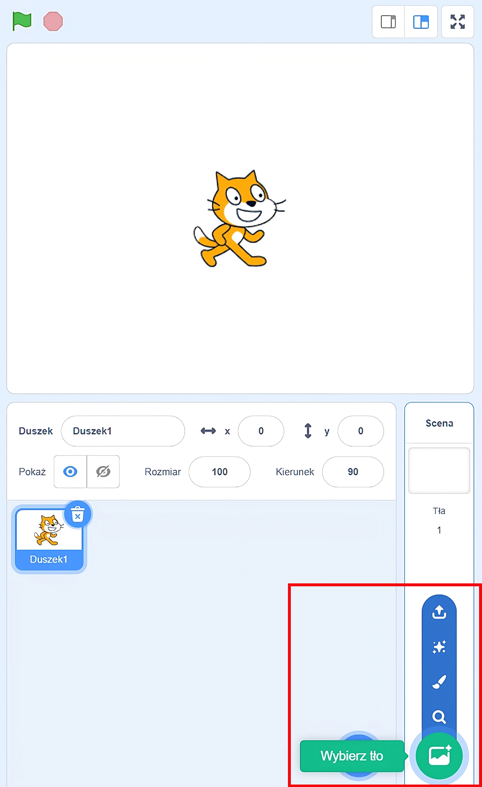 Na zdjęciu widać dwa okna programu pokazujące sposób wyboru tła sceny. Górne okno przedstawia wygląd tworzonego programu. W podglądzie widać duszka w formie animowanego kota. Duszek jest na białym tle. Na górze okna po lewej stronnie znajduje się zielona flaga i czerwone koło. Po prawej stronie widać trzy przyciski sposobu wyświetlania danych.W drugim oknie znajdują się pola z nazwami zmiennych i przypisanymi wartościami. Przykładowo. Zmienna: Duszek, wartość: duszek jeden. Zmienna X: wartość zero, zmienna y: wartość zero, zmienna pokaż: obok przyciski z symbolem oka oraz przekreślonego oka, zmienna rozmiar: sto, kierunek: dziewięćdziesiąt.Niżej widoczna jest ikona z wizerunkiem duszka. Pod ikoną jest podpis: Duszek jeden. W prawym górnym rogu ikony widoczny jest symbol kosza. Po prawej znajduje się zmienna scena z białym tłem oraz napis: tło z cyfrą jeden.W prawym dolnym oknie aplikacji widocznych jest przycisk przedstawiający obrazek z gwiazdką w prawym górnym rogu. Po naciśnięciu jego rozwija się lista z czterema przyciskami. Przyciski od góry: strzałka wychodząca z poziomej prostej, gwizdka znajdująca się w środku kwadratu utworzonego z czterech mniejszych gwiazdek, pędzel, lupa. Użytkownik najeżdża na lupę. Po lewej wyświetla się napis: wybierz tło.