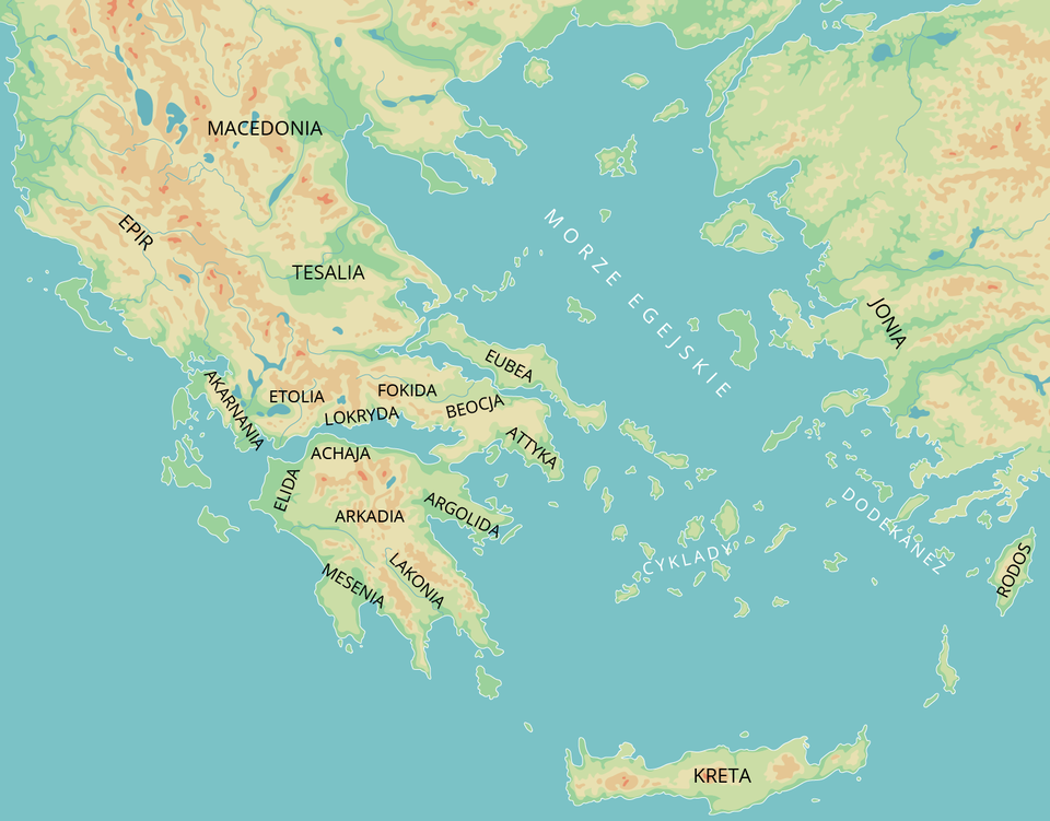 Mapa przedstawia krainy greckie. Wyodrębnione zostały: Macedonia, Epir, Tesalia, Etolia, Akarnania, Lokryda, Fokida, Beocja, Eubea, Attyka, Achaja, Elida, Arkadia, Argolida, Lakonia, Mesenia, Kreta, Jonia i Rodos. 