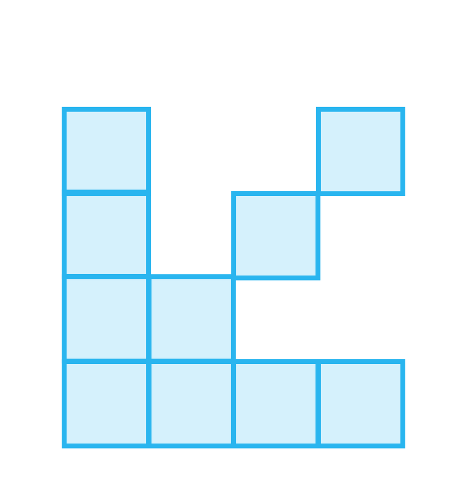 Ilustracja przedstawia figurę składającą się z dziesięciu małych kwadratów. Kwadraty te ustawione są następująco: od lewej mamy kolumnę składającą się z czterech kwadratów. Od ostatniego kwadratu na dole odchodzą w ukośnej linii trzy kolejne kwadraty oraz od tego samego kwadratu położonego najniżej z pierwszej kolumny odchodzą w linii poziomej trzy kolejne kwadraty.