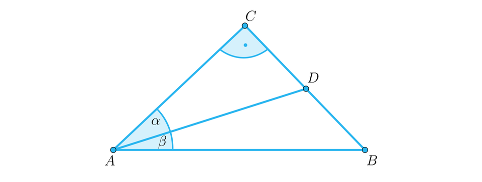 Zdjęcie przedstawia trójkąt A, B, C. Z punktu A poprowadzoną środkową trójkąta w punkcie D. Odcinek AD dzieli kąt BAC na kąt alfa i beta.