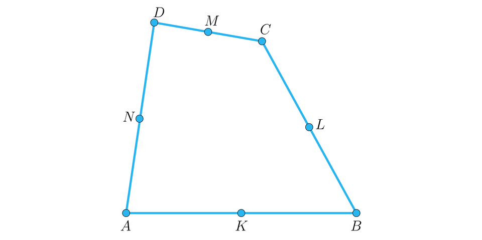 Na ilustracji przedstawiono czworokąt A B C D. Zaznaczono cztery punkty. Punkt K stanowi środek boku A B, punkt L stanowi środek boku B C, punkt M stanowi środek boku D C, punkt N stanowi środek boku A D.
