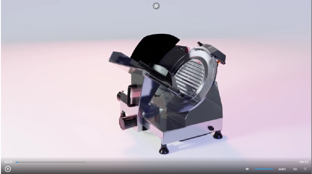 Grafika przedstawia widok ekranu animacji 3D zatytułowanej Wstępna obróbka surowców – podstawowe maszyny i urządzenia. Na grafice widać pasek sterowania animacją, który zawiera przycisk startu animacji, suwak głośności, przycisk włączenia napisów, przycisk wyboru jakości odtwarzanej animacji, przycisk wyboru prędkości odtwarzania animacji oraz przycisk włączenia pełnego ekranu.