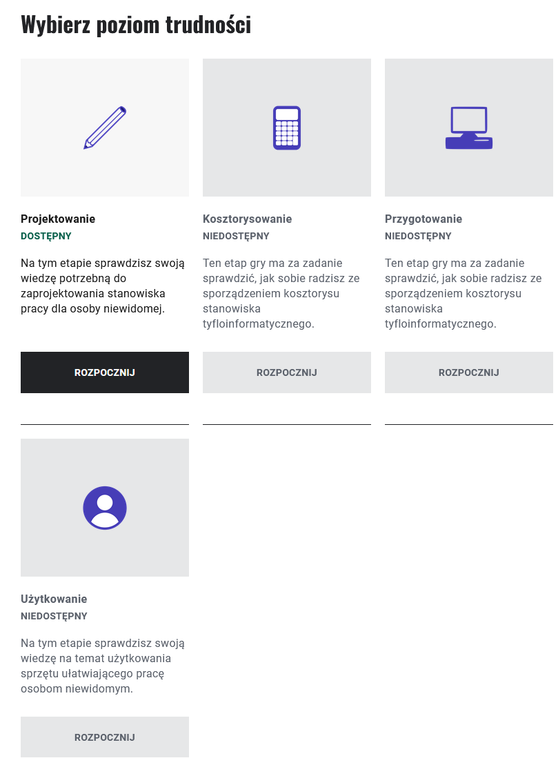 Ilustracja przedstawia okno wyboru poziomu gry. Na gre składają się cztery poziomy. Każdy z poziomów opatrzony jest tytułem oraz symbolicznym rysunkiem nawiązującym do tematu. Pod każdym z opisów znajduje się klawisz z naciskiem: Rozpocznij. Jedynie klawisz pierwszego poziomu jest aktywny. 