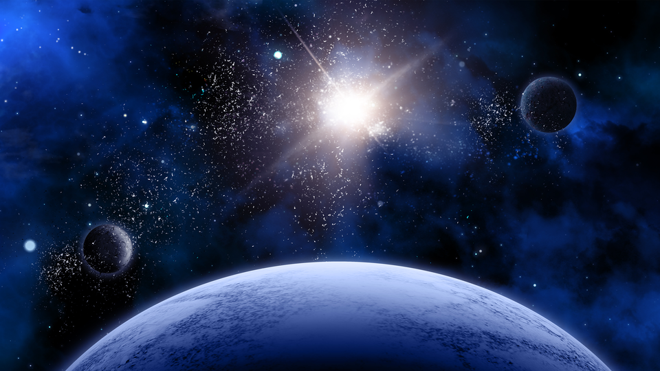 Na ilustracji przedstawiono przestrzeń kosmiczną z planetami i blaskiem światła.