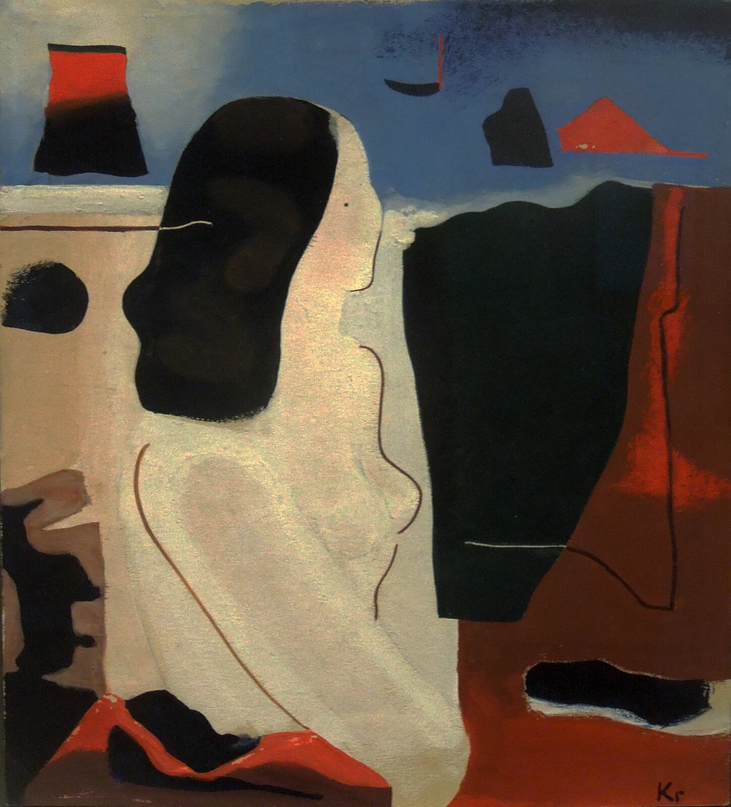 Ilustracja ukazuje syntetycznie ujęty akt kobiety. W figuratywnym przedstawieniu widać duży wpływ koncepcji sztuki abstrakcyjnej. Postać ukazana jest do pasa. Włosy namalowane są jedną, czarną, długą, płaską plamą. Tułów stanowi jasny kształt, na którym artysta, przy pomocy białych przetarć, ukazał światło, jedynie sugerujące wypukłości ciała. Przy pomocy cienkich, brązowych linii zaznaczył fragment profilu twarzy, ramię i pierś oraz kawałek ręki modelki. Małym ciemnym punktem zaznaczył oko. Postać wpisana jest w podzielone na trzy plamy barwne tło. U góry znajduje się pas koloru niebieskiego, po prawej stronie czerwono‑brązowa, natomiast po lewej jasno‑beżowa plama. Na ich tle umieszczone są płaskie, nieregularne kształty w czarnym, czerwonym i beżowym kolorze. Kompozycja obrazu jest otwarta. Obraz wykonany jest techniką gwaszu.