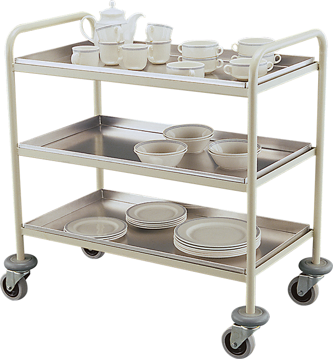 Na zdjęciu znajduje się wózek jezdny do zbierania zużytej zastawy stołowej lub rozwożenia dodatkowej zastawy i dodatków. Jest to wózek z trzema poziomami, na których znajdują się tacki na talerze. Na dolnej tacy znajdują się talerze płaskie, na środkowej miski a na najwyższej dzbanek, kubki i filiżanki.
