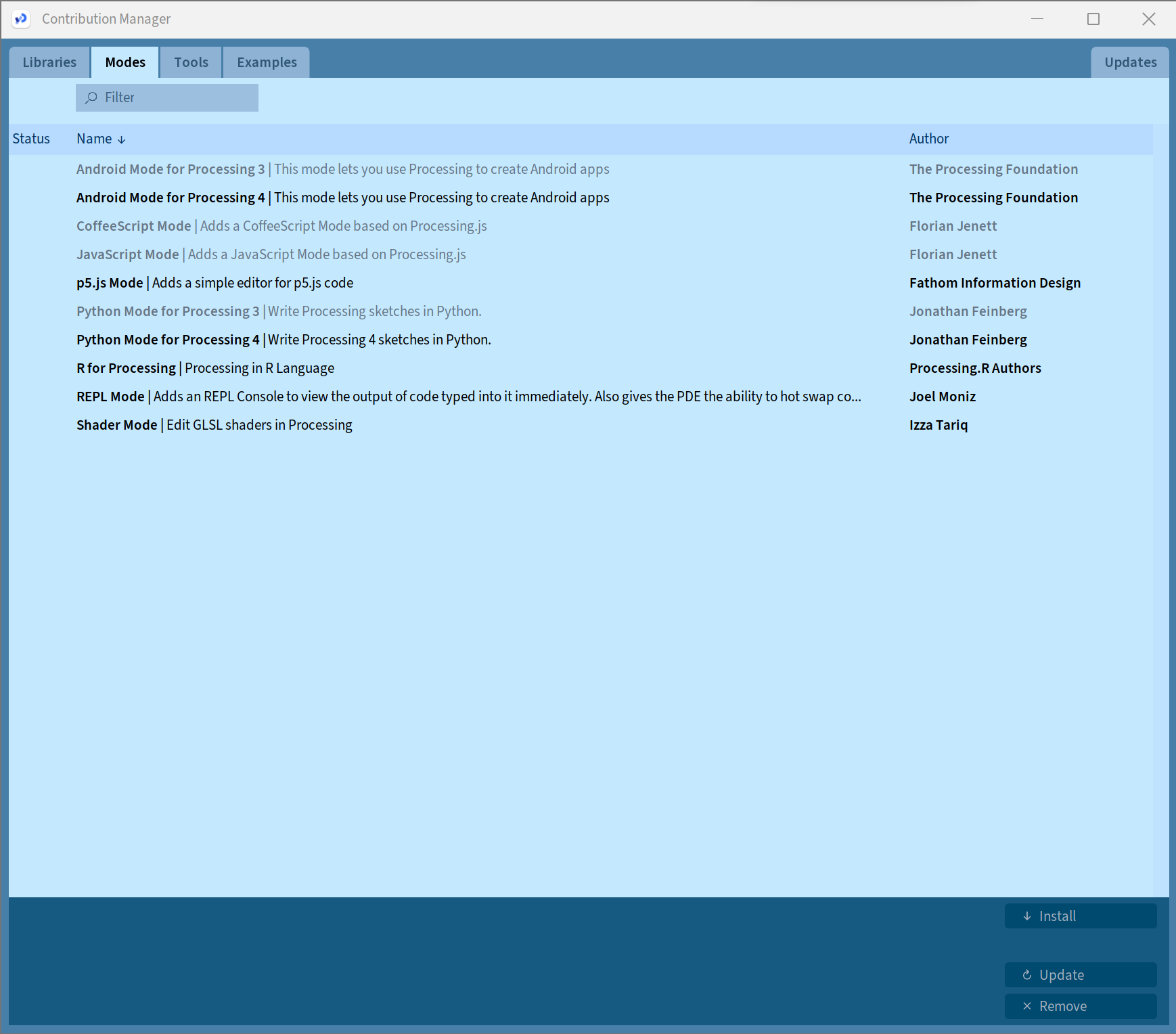 Ilustracja przedstawia okno zmiany trybu pracy. W górnej części okna znajdują się cztery zakładki: , , , . Aktywna jest druga zakładka od lewej. Poniżej znajduje się lista trybów pracy, od góry: , , , , , , , , , .