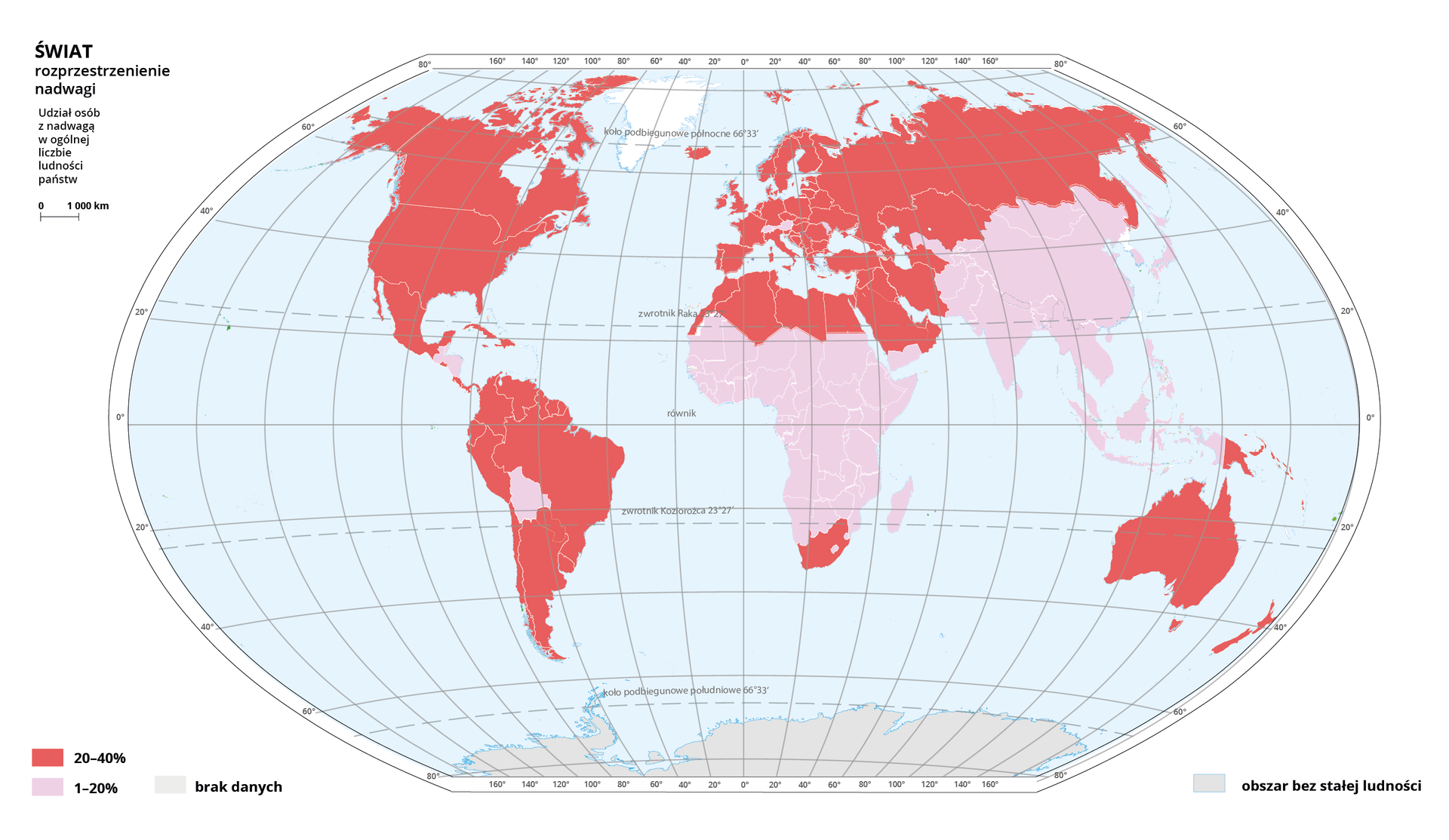 Ilustracja przedstawia mapę świata. Wody zaznaczono kolorem niebieskim. Na mapie za pomocą czterech kolorów przedstawiono procentowy udział ludności z nadwagą w ogólnej liczbie ludności w poszczególnych państwach. W lewym dolnym rogu ekranu zaprezentowano przypisane wartości do danych kolorów. Kolorem żółtym oznaczono wartości od jednego do dwudziestu procent, kolorem żółto‑różowym wartości od dwudziestu do czterdziestu procent, kolorem jasnoróżowym wartości w przedziale od czterdziestu do pięćdziesięciu procent, kolorem różowym wartości od pięćdziesięciu procent wzwyż. Mapa pokryta jest równoleżnikami i południkami, które opisano dookoła mapy w białej ramce co dwadzieścia stopni. Kolorem żółtym oznaczającym odsetek osób z nadwagą w przedziale od jednego do dwudziestu procent pokolorowano w Afryce Mauretanię, Mali, Niger, Czad, Sudan, Gwinee, Burkinie Faso, Nigerię, Kamerun, Republikę Środkowoafrykańską, Sudan Południowy, Etiopię, Erytreą, Dżibuti, Somalię, Kenię, Ugandę, Demokratyczna Republika Konga, Kongo, Gabon, Gwinee Równikową, Angola, Zambia, Malawi, Mozambik, Zimbabwe, Angola, Namibia, Botswana, Suazi i Lesotho oraz Madagaskar. W Europie w omawianym przedziale mieści się Szwajcaria, Austria i Mołdawia. W Azji jest to Armenia, Jemen, Pakistan, Afganistan, Uzbekistan, Kirgistan i kraje leżące na wschód od nich, łącznie z Mongolią, Koreą Południową i Japonią (z wyłączeniem Rosji). Kolorem jasnoróżowym na mapie oznaczono Katar, Bahrajn, Kuwejt i Zjednoczone Emiraty Arabskie. Pozostałe kraje na mapie oznaczono kolorem żółto‑różowym oznaczający przedział od dwudziestu do czterdziestu procent (z wyłączeniem Korei Północnej i Tajwanu, dla których brak danych). Szarym kolorem oznaczono Antarktydę, jako obszar bez stałej ludności.