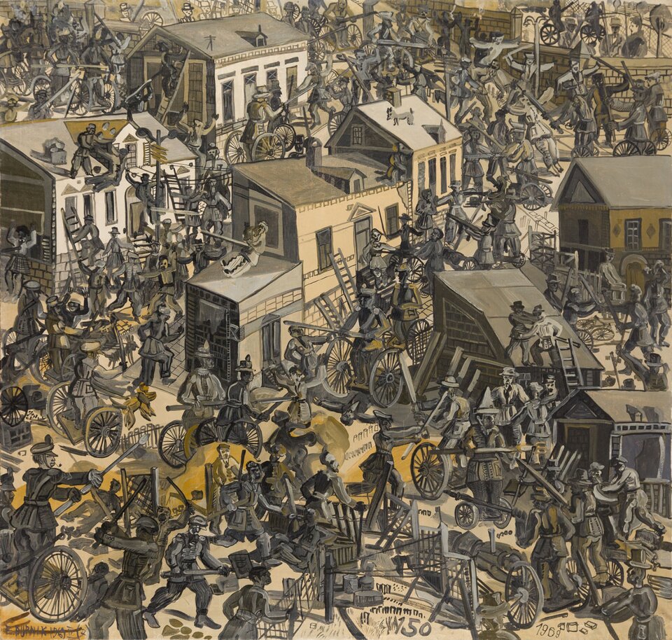 Edward Dwurnik, „Inwazja” z cyklu „Namiętności”. Kwadratowy obraz przedstawia nierównomiernie rozmieszczone budynki, usytuowane głównie w centralnej oraz górnej części obrazu oraz jasne podłoże, niemal w całości zasłonięte przez tłum ciemnych, walczących ze sobą postaci z bronią, drabinami oraz wozami. Mężczyźni, w długim odzieniu, ukazani są bardzo blisko siebie - stojący na wozach, na ziemi, wchodzący na budynki oraz stojący na ich dachach. Na obrazie ukazano kilku poległych, z wbitą w ciało bronią. Na jednym z dachów stoi niewielki, szary pies. 