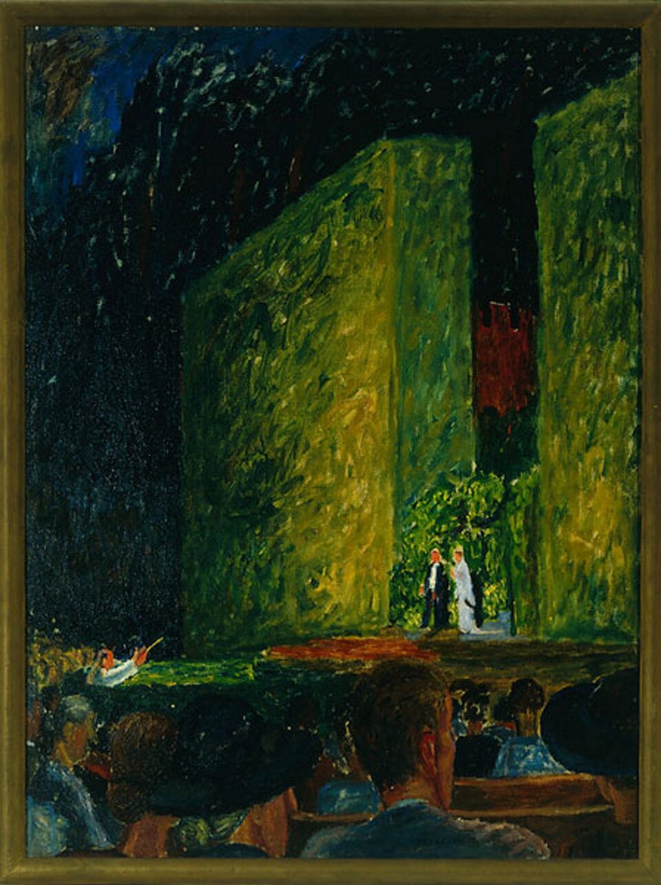 Ilustracja przedstawia obraz Józefa Czapskiego pt. „Wnętrze teatru - Opera leśna”. Artysta przedstawił scenę teatru, na której odgrywają swoją rolę kobieta w długiej, białej sukni oraz mężczyzna w czarnym fraku. Po lewej stronie w białej koszuli znajduje się dyrygent, który ma uniesione ręce ku górze. W prawej ręce trzyma batutę. W dolnej części dzieła zaprezentowana została widownia.