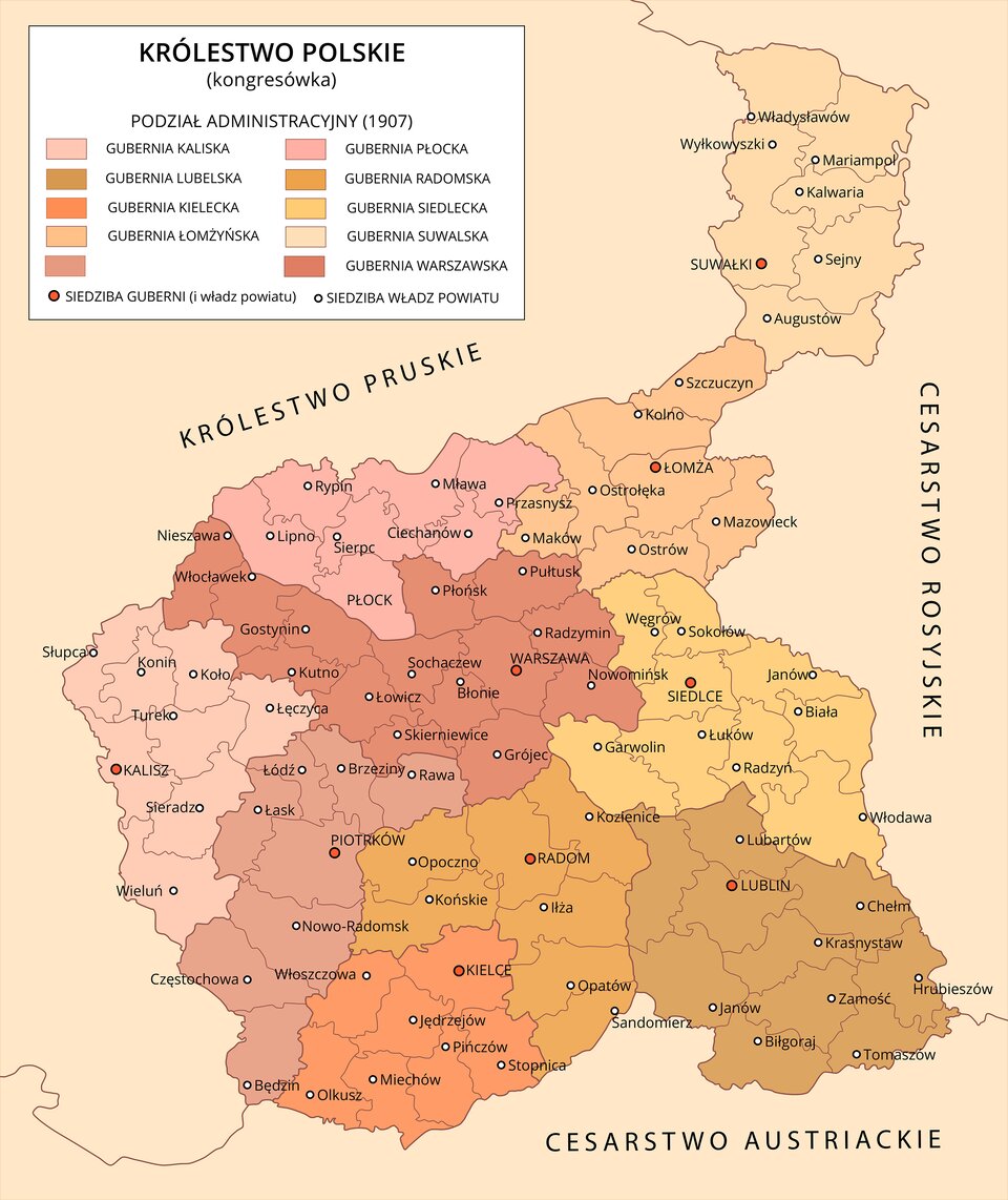 Mapa przedstawia podział administracyjny Królestwa Polskiego (kongresówki) w ramach Imperium Rosyjskiego w 1907 roku. Królestwo Polskie podzielone było na 10 Guberni: Gubernia Kaliska z siedzibą w Kaliszu i siedzibami władz powiatu w miastach: Słupa, Konin, Koło, Łęczyca, Turek, Sieradz, Wieluń; Gubernia Piotrkowska z siedzibą w Piotrkowie i siedzibami władz powiatów w miastach: Łódź, Brzeziny, Rawa, Łask, Nowo‑Radomsk, Częstochowa, Będzin; Gubernia Kielecka z siedzibą w Kielcach i siedzibami władz powiatów w miastach: Włoszczowa, Jędrzejów, Pińczów, Stopnica, Miechów, Olkusz; Gubernia Radomska z siedzibą w Radomiu i siedzibami władz powiatów w miastach: Opoczno, Końskie, Iłża, Opatów, Kozienice, Sandomierz; Gubernia Lubelska z siedzibą w Lublinie i z siedzibami władz powiatowych w miastach: Lubartów, Chełm, Krasnystaw, Hrubieszów, Zamość, Tomaszów, Biłgoraj, Janów; Gubernia Siedlecka z siedzibą w Siedlcach z siedzibami władz powiatowych w miastach: Węgrów, Sokołów, Janów, Biała, Garwolin, Łuków, Radzyń, Włodawa; Gubernia Warszawska z siedzibą w Warszawie i z siedzibami władz powiatowych w miastach: Nieszawa, Włocławek, Gostynin, Kutno, Łowicz, Skierniewice, Grójec, Błonie, Sochaczew, Nowomińsk, Radzymin, Płońsk, Pułtusk; Gubernia Płocka z siedzibą w Płocku i z siedzibami władz powiatów w miastach: Sierpc, Lipno, Rypin, Ciechanów, Mława, Przasnysz; Gubernia Łomżyńska z siedzibą w Łomży i z siedzibami władz powiatów w miastach: Ostrów Mazowiecki, Maków, Ostrołęka, Kolno, Szczuczyn; Gubernia Suwalska z siedzibą w Suwałkach i z siedzibami władz powiatów w miastach: Augustów, Sejny, Kalwaria, Mariampol, Wyłkowyszki, Władysławów. Na wchodzie Królestwo Polskie graniczyło z Cesarstwem Rosyjskim, na południu z Cesarstwem Austriackim, a na zachodzie i północy z Królestwem Pruskim.