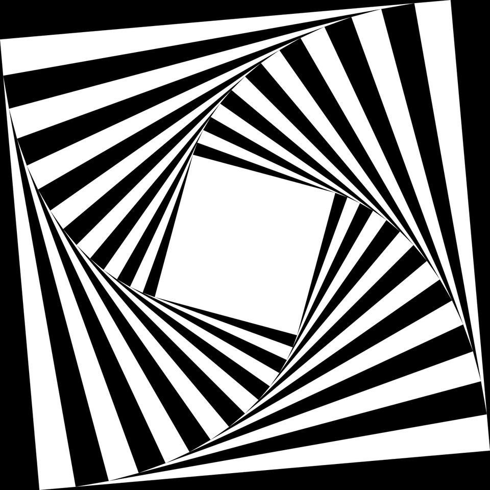 Ilustracja przedstawia pracę pt.: „Tunel spiralny z czterema bokami". W kwadratowym kadrze znajdują się symetrycznie położone cztery identyczne formy geometryczne nachodzące na siebie w ten sam sposób. Są to czarnobiałe paski zwężające się po łuku ze względu na iluzję przestrzeni. W środku, centralnie położony znajduje się biały kwadrat wyznaczony przez położenie czterech form.