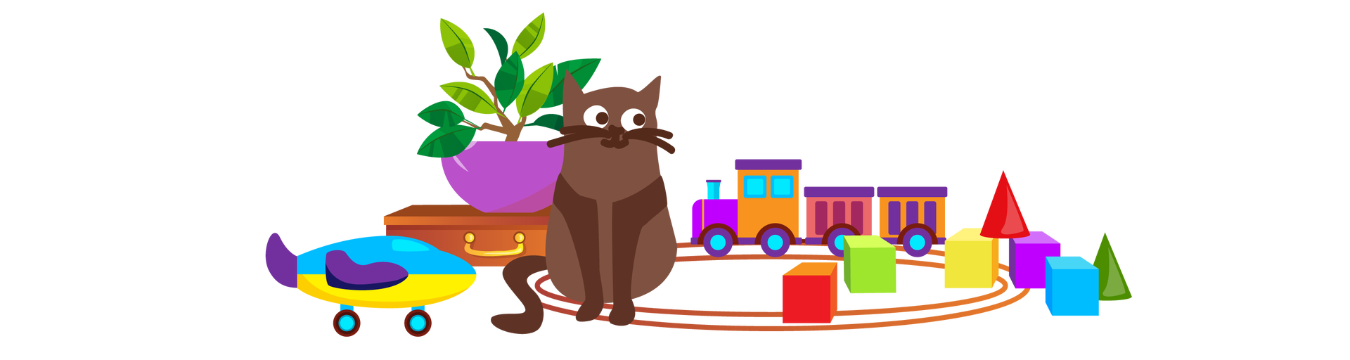 Ilustracja przedstawia brązowego kota siedzącego obok zabawkowego pociągu ustawionego na torach. Dookoła są rozrzucone kolorowe klocki w kształcie figur geometrycznych. Po lewej stronie jest żółto‑niebiesko‑fioletowy zabawkowy samolot, a z tyłu widać zamkniętą brązową walizeczkę, na której stoi zielona roślina w fioletowej donicy.
