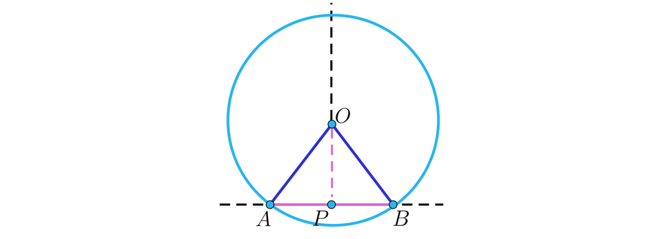 Rysunek przedstawia okrąg o środku w punkcie O. Przez okrąg i jego środek przechodzi pionowa półprosta narysowana linią przerywaną.  Początek półprostej znajduje się w punkcie P, który leży na siecznej A B przecinającej okrąg. Punkt  A leży po lewej stronie i jest punktem przecięcia siecznej z okręgiem. Punkt B leży po prawej stronie i jest  drugim punktem przecięcia siecznej z okręgiem.Na rysunku zaznaczono następujące odcinki: O A oraz O B,  które są jednocześnie promieniami okręgu, odcinek na siecznej A B, którego połowę wynacza leżący na nim punkt P,  a także zaznaczony linią przerywaną należący do półprostej odcinek O P.