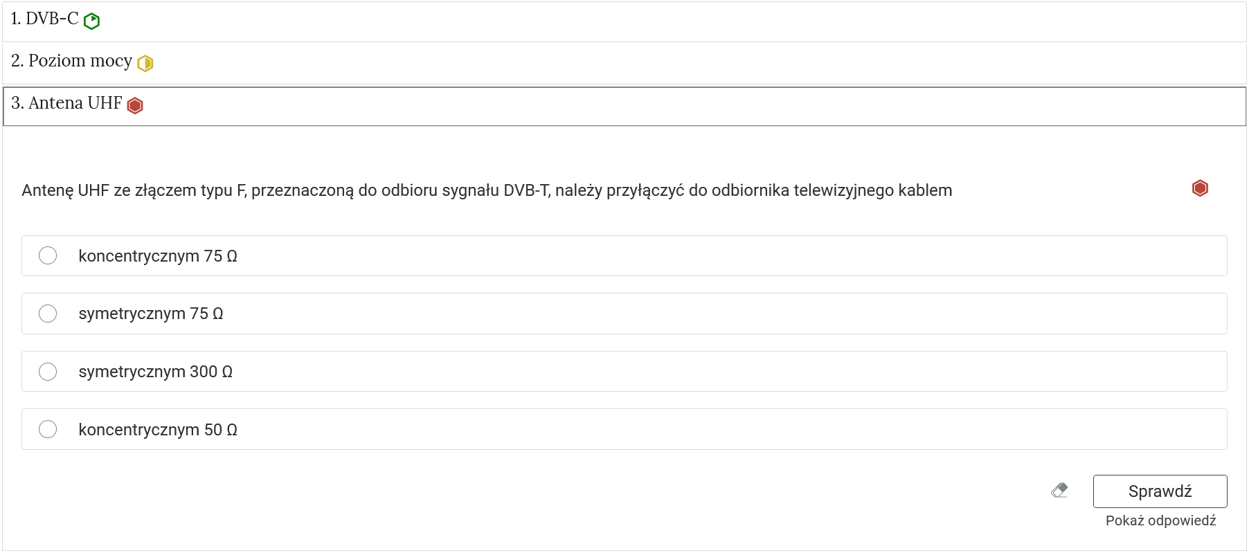 Grafika ukazuje widok przykładowego zadania. Na górze znajduje się zdanie, które należy dokończyć wybierając jedną z odpowiedzi znajdujących się niżej. Poniżej widoczny jest przycisk "Sprawdź", dzięki któremu uczeń może zobaczyć, czy poprawnie rozwiązał ćwiczenie. Poniżej przycisku Sprawdź znajduje się podgląd właściwego rozwiązania, które można podejrzeć klikając przycisk "Pokaż odpowiedź".