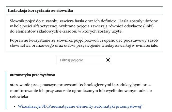 Widok na górną część słownika z polem filtrowania haseł słownika ze znakiem zamknięcia iks. Poniżej treść definicji. Poniżej jedno z haseł wraz z definicją. Niżej odnośnik do zakładki lekcji, w której pojawia się definiowane słowo.