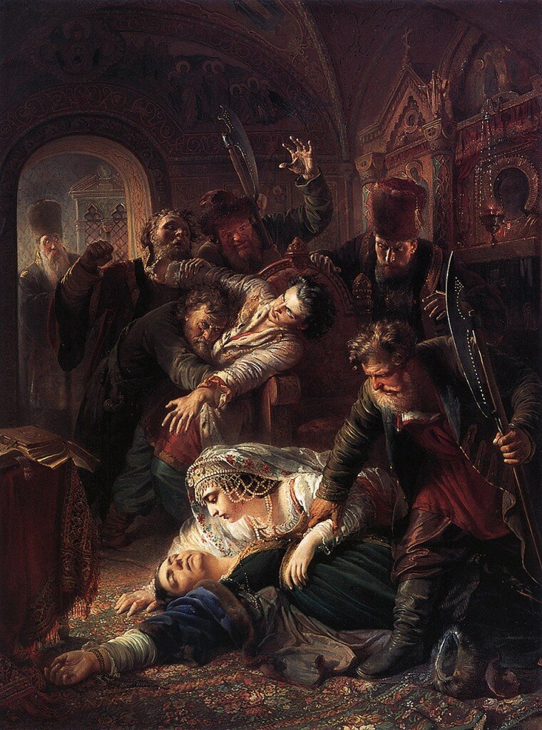 Obraz przedstawia scenę rodzajową. W pałacowej komnacie widać grupę ludzi. Na ziemi leży młodzieniec z zamkniętymi oczami. Nachyla się nad nim młoda, piękna kobieta. Trzyma ją za rękę uzbrojony w halabardę mężczyzna. Nieopodal nich czterech mężczyzn próbuje powstrzymać młodego mężczyznę, żeby nie zbliżył się do leżącego. W oddali, przy wejściu widać postać popa.