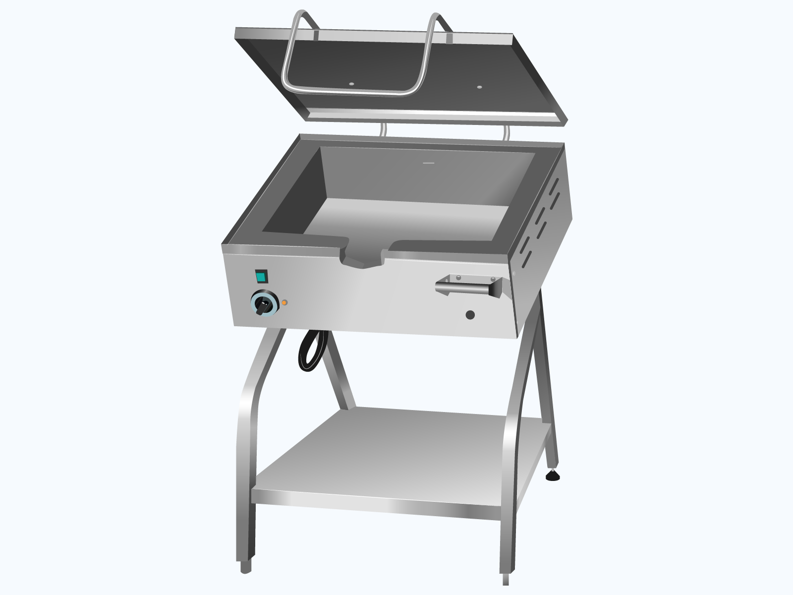  Ilustracja przedstawia stojące na czterech nogach, wykonane ze stali urządzenie. W centralnej jego części znajduje się od frontu po lewej pokrętło do regulacji oraz nad nim włącznik. Po jego prawej uchwyt. Powyżej znajduje się otwór roboczy z widocznym lejkiem od frontu. Powyżej zamontowana na dwóch zawiasach pokrywka z uchwytem. 