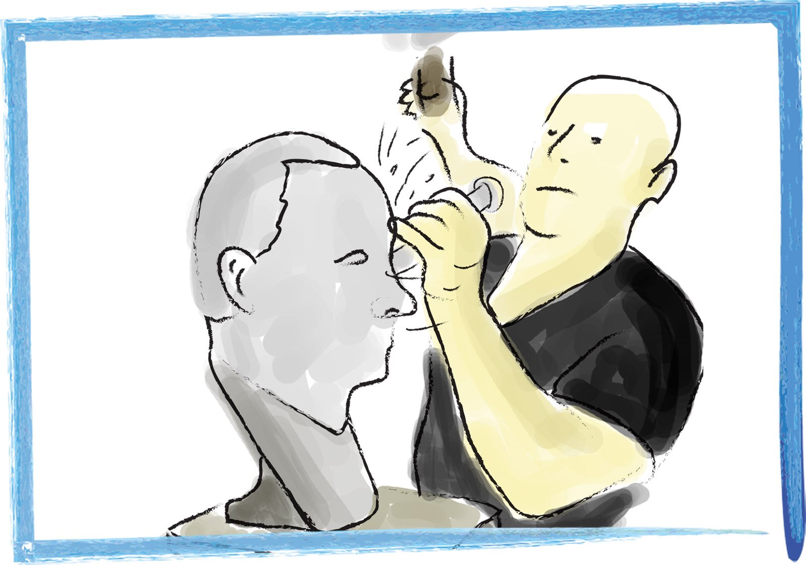 Ilustracja przedstawia wielobarwny rysunek lawowany, na którym znajduje się rzeźbiarz podczas pracy. Mężczyzna jest łysy, przedstawiono go do pasa. Nosi czarną koszulę z krótkimi rękawami. Przed nim stoi dopiero co uformowana głowa mężczyzny. Artysta poprawia detale dłutem rzeźbiarskim. Materiał rozpryskuje się w różne strony. Tło jest białe.