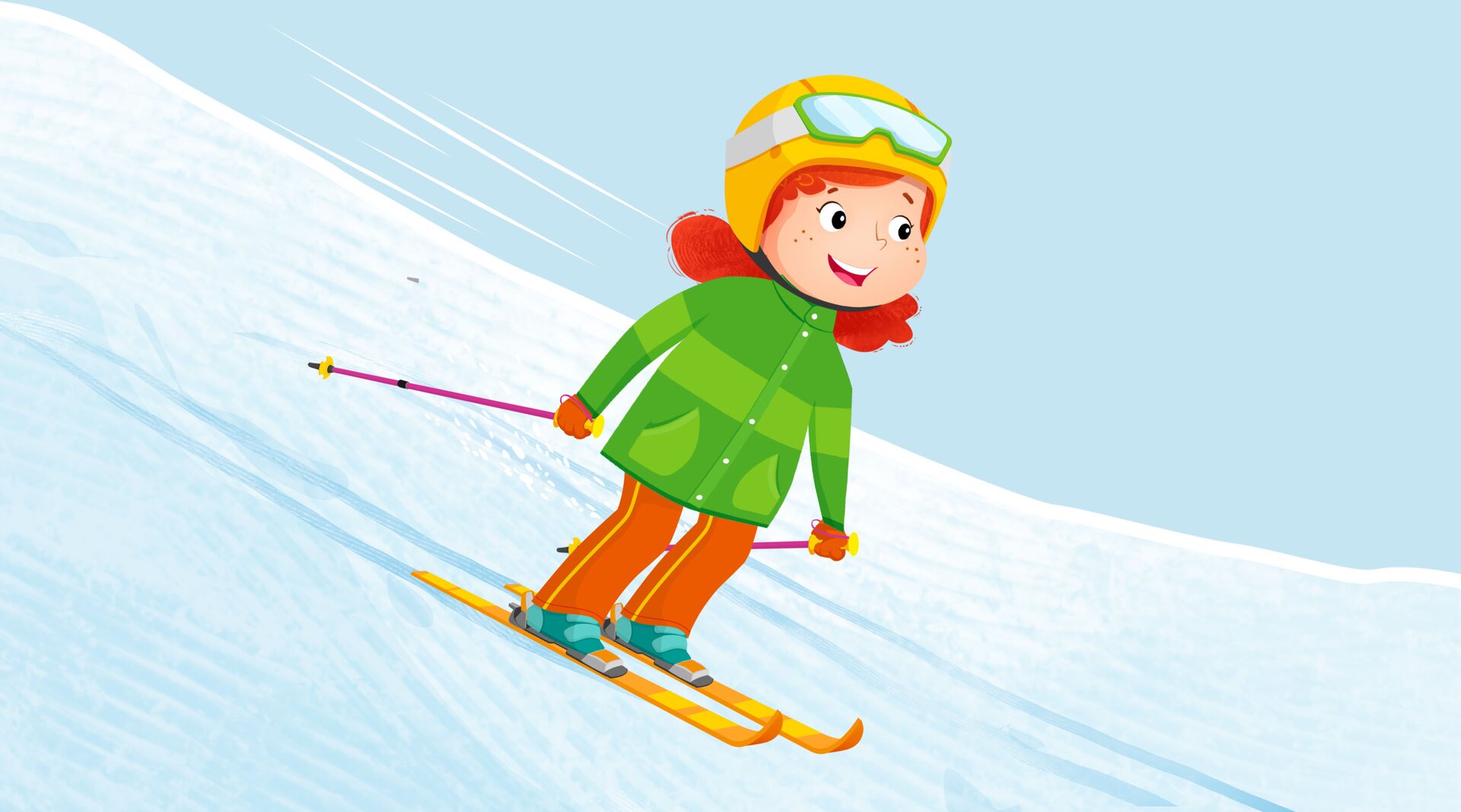 Na ilustracji znajduje się dziewczynka jeżdżąca na nartach.