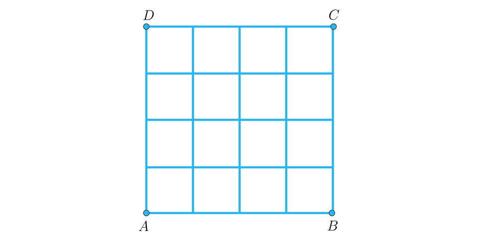 Ilustracja przestawiająca kwadrat A B C D. W środku kwadratu umieszczono 16 mniejszych jednakowych kwadratów.  
