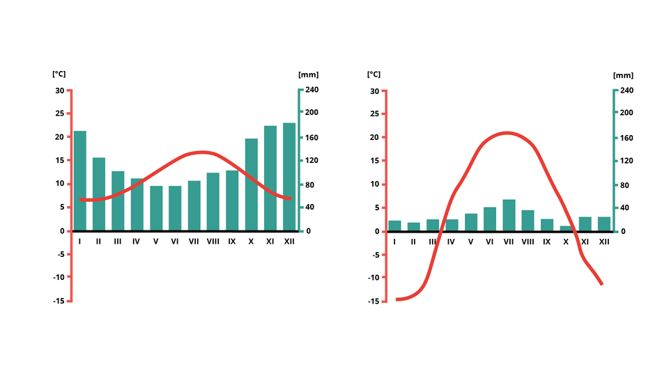 Grafika przedstawia dwa klimatogramy. Na klimatogramie A najwyższe opady występują w grudniu poniżej 200 mm, a najniższe w czerwcu około 80 mm. Najwyższa temperatura występuje w lipcu ponad 15 stopni Celsjusza, a najniższa w miesiącach zimowych około 5 stopni Celsjusza. Na klimatogramie B najwyższe opady występują w lipcu ponad 40 mm a najniższe w październiku około 10 mm. Najwyższa temperatura występuje w lipcu około 20 stopni Celsjusza a najniższa w styczniu około minus 15 stopni Celsjusza.