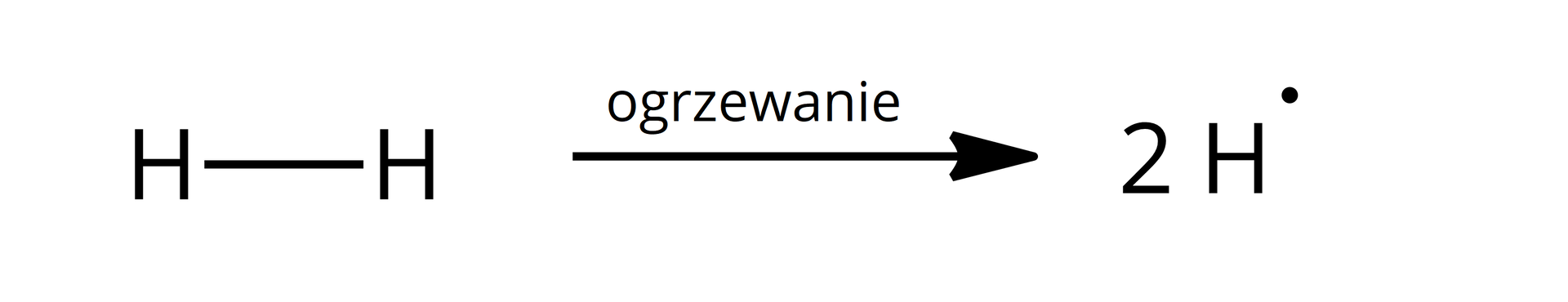 Ilustracja przedstawiająca równanie termolizy cząsteczki wodoru. Cząsteczka wodoru zbudowana z dwóch atomów wodoru H połączonych ze sobą za pomocą wiązania pojedynczego. Strzałka w prawo, nad strzałką zapis "ogrzewanie" Za strzałką dwa atomy wodoru, czyli najprostsze rodniki zbudowane z jednego protonu i jednego niesparowanego elektronu, co przedstawiono jako literę H z kropką w indeksie górnym.