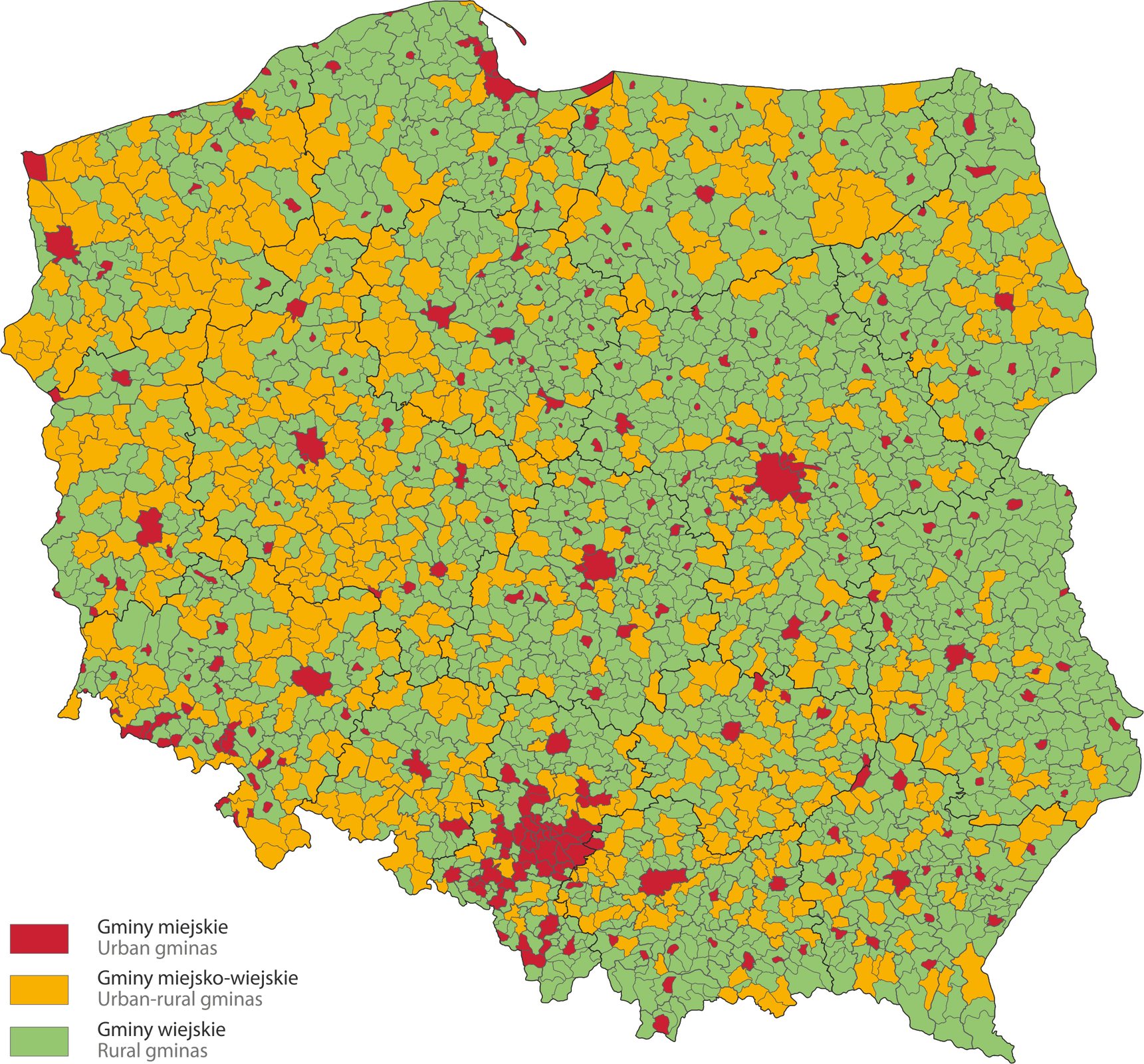 Mapa przedstawia rodzaje gmin w Polsce w dniu 1 stycznia 2020 roku. Gminy miejskie oznaczone są kolorem czerwonym, gminy miejsko-wiejskie kolorem pomarańczowym a gminy wiejskie kolorem zielonym. Gminy miejskie dominują w okolicach Warszawy, na Pomorzu oraz w aglomeracji śląskiej. Gminy miejsko-wiejskie przeważają w centralnej oraz zachodniej Polsce, natomiast gminy wiejskie w Polsce wschodniej oraz północnej.