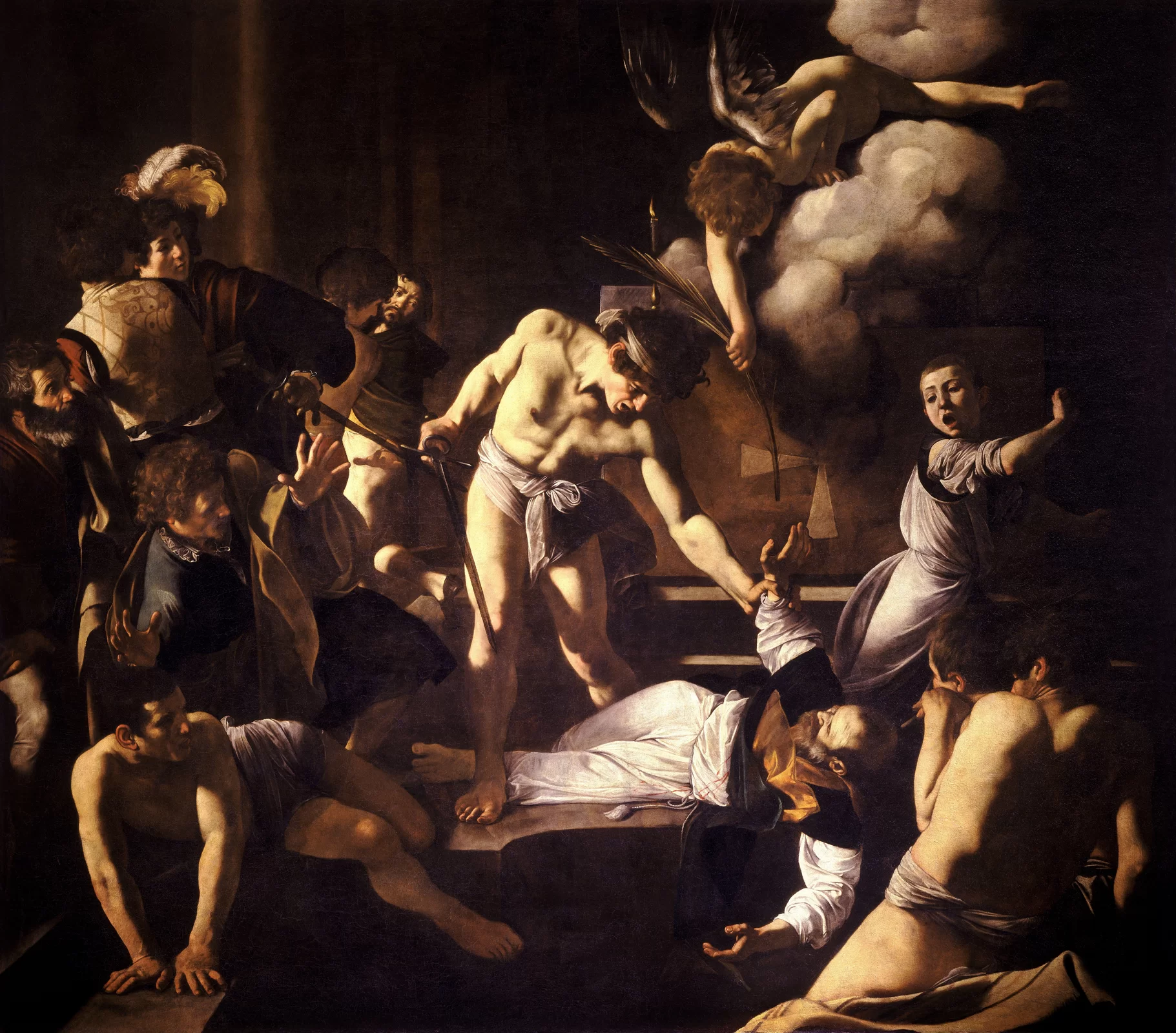 Ilustracja o kształcie poziomego prostokąta zbliżonego do kwadratu przedstawia obraz Caravaggia „Męczeństwo świętego Mateusza”. Ukazuje scenę zbiorową. Leżącego na ziemi Mateusza, ubranego w szaty kapłańskie, trzyma za rękę jeden z pochylających się nad nim oprawców. Po obu stronach znajdują się przerażeni świadkowie ukazani w dramatycznych pozach i gestach. Na górze, zza obłoku, wychyla się amor z palmą. W tle znajdują się elementy wnętrza kościoła, przed którym toczy się akcja. Dzieło utrzymane jest w brązach i żółcieniach wraz z licznymi odbiciami mocnego światła.
