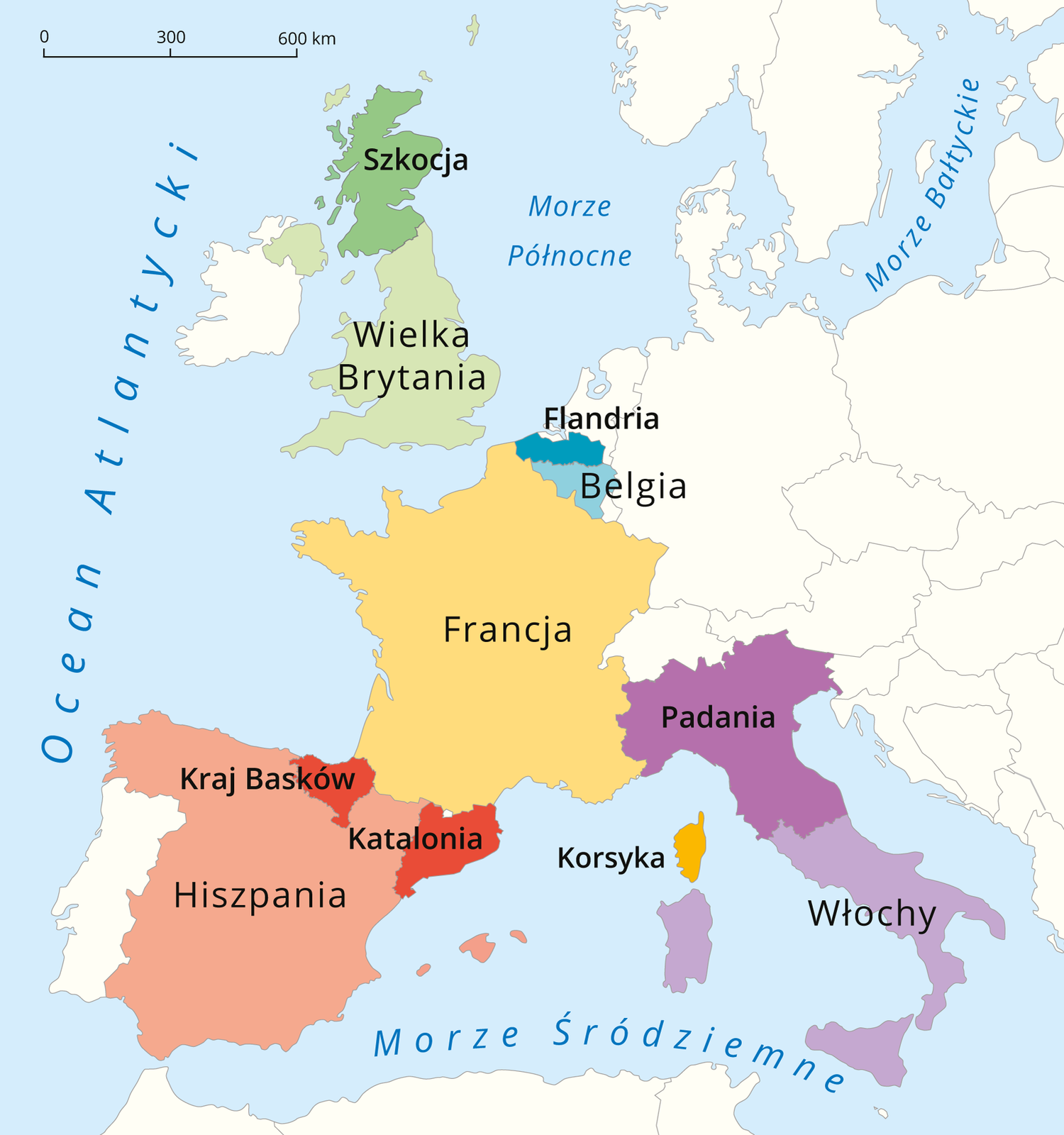 Na ilustracji przedstawiona jest mapa Europy. Zastosowano podziałkę liniową w zakresie od zera do sześciuset kilometrów, co trzysta kilometrów. Kolorami zaznaczone są państwa. W ich obrębie ciemniejszym odcieniem danego koloru oznaczono potencjalnie nowe państwo mogące powstać w Europie. W Wielkiej Brytanii jest to Szkocja (kolory zielone), w Hiszpanii – Kraj Basków i Katalonia (kolory czerwony i pomarańczowy), we Francji – Korsyka (kolor żółty), w Belgii – Flandria (odcienie turkusu), we Włoszech – Padania (odcienie fioletu). Na niebiesko zaznaczone są wody. 