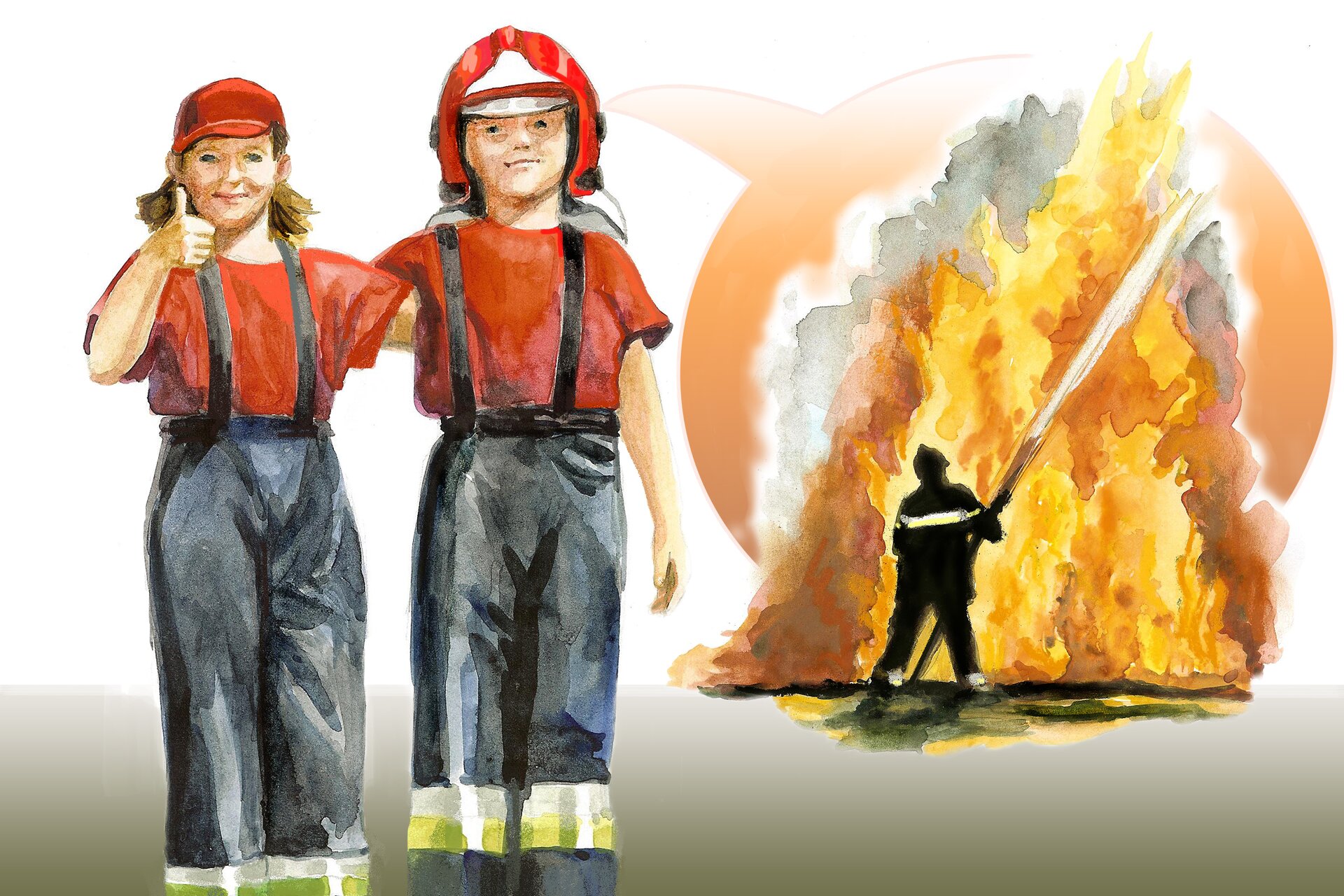 Ilustracja przedstawiająca stojących strażaków na tle strażaka gaszącego pożar