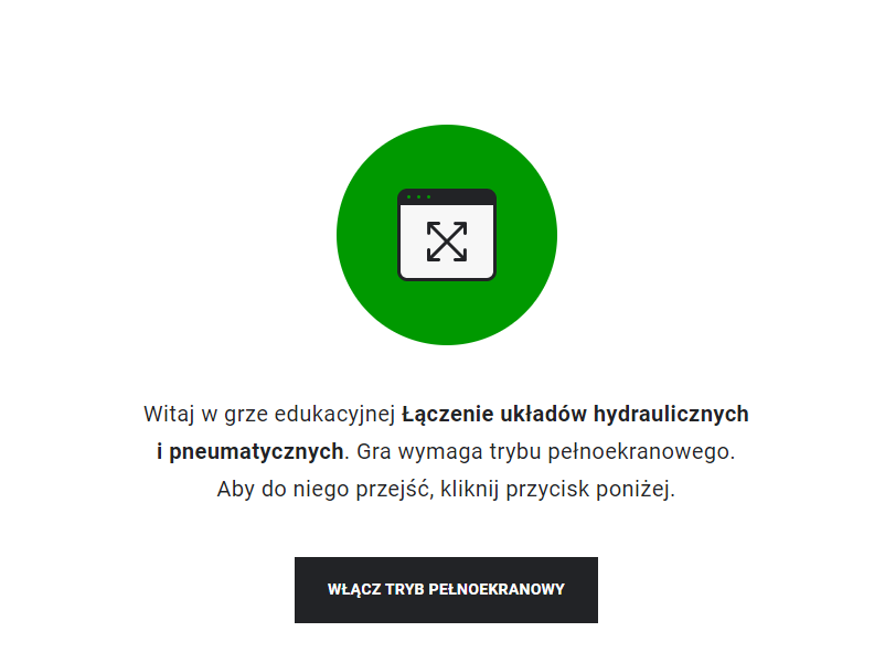 Przykładowy widok ekranu głównego gry edukacyjnej z powitaniem i wstępem oraz przyciskiem włączenia trybu pełnoekranowego.