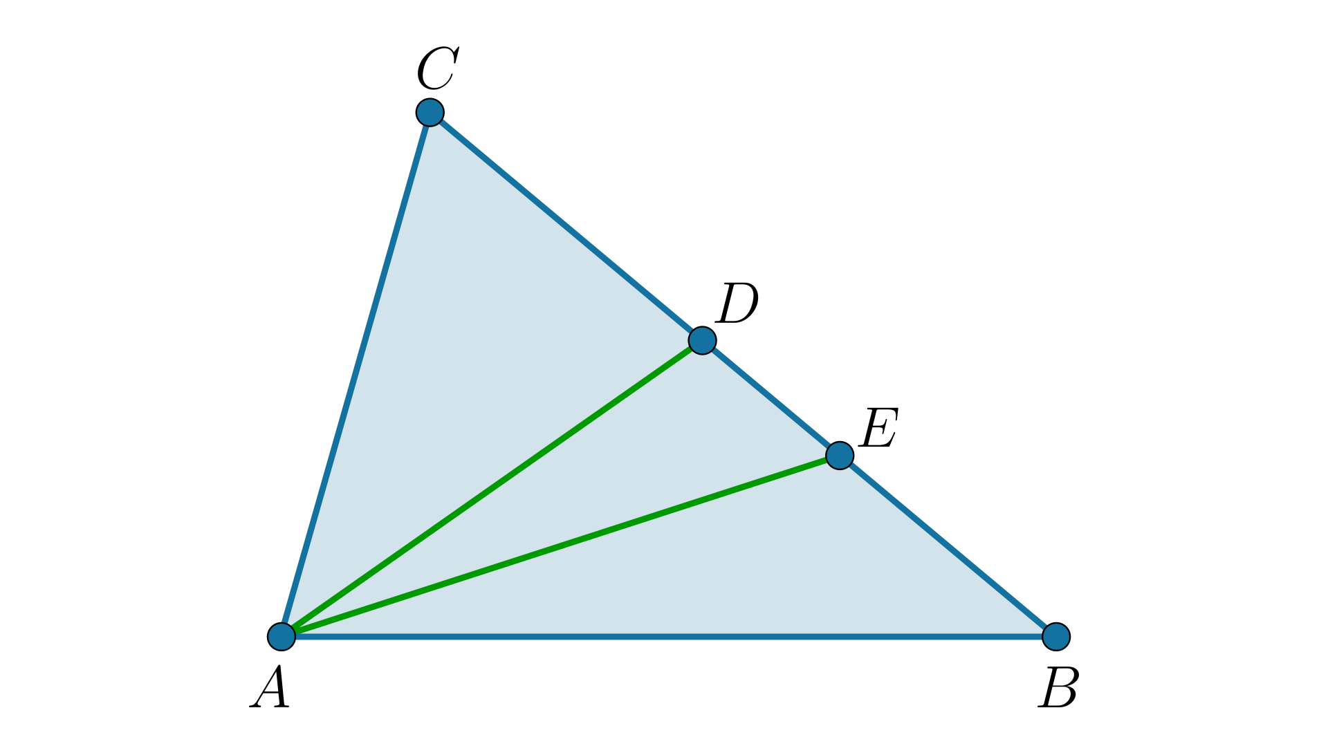 Ilustracja przedstawia trójkąt A B C. Na przeciwległym do wierzchołka A, boku B C trójkąta zaznaczono punkty D oraz E. Wierzchołek A połączono z punktem D oraz z punktem E.