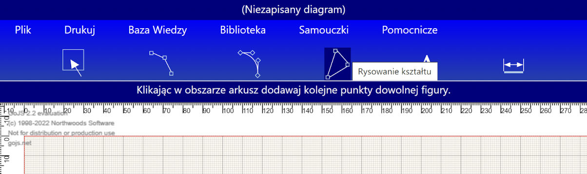 Grafika przedstawia interfejs programu do projektowania diagramu. Widoczne są ikony opcje interfejsu,  podświetlona jest opcja rysowania kształtu. 