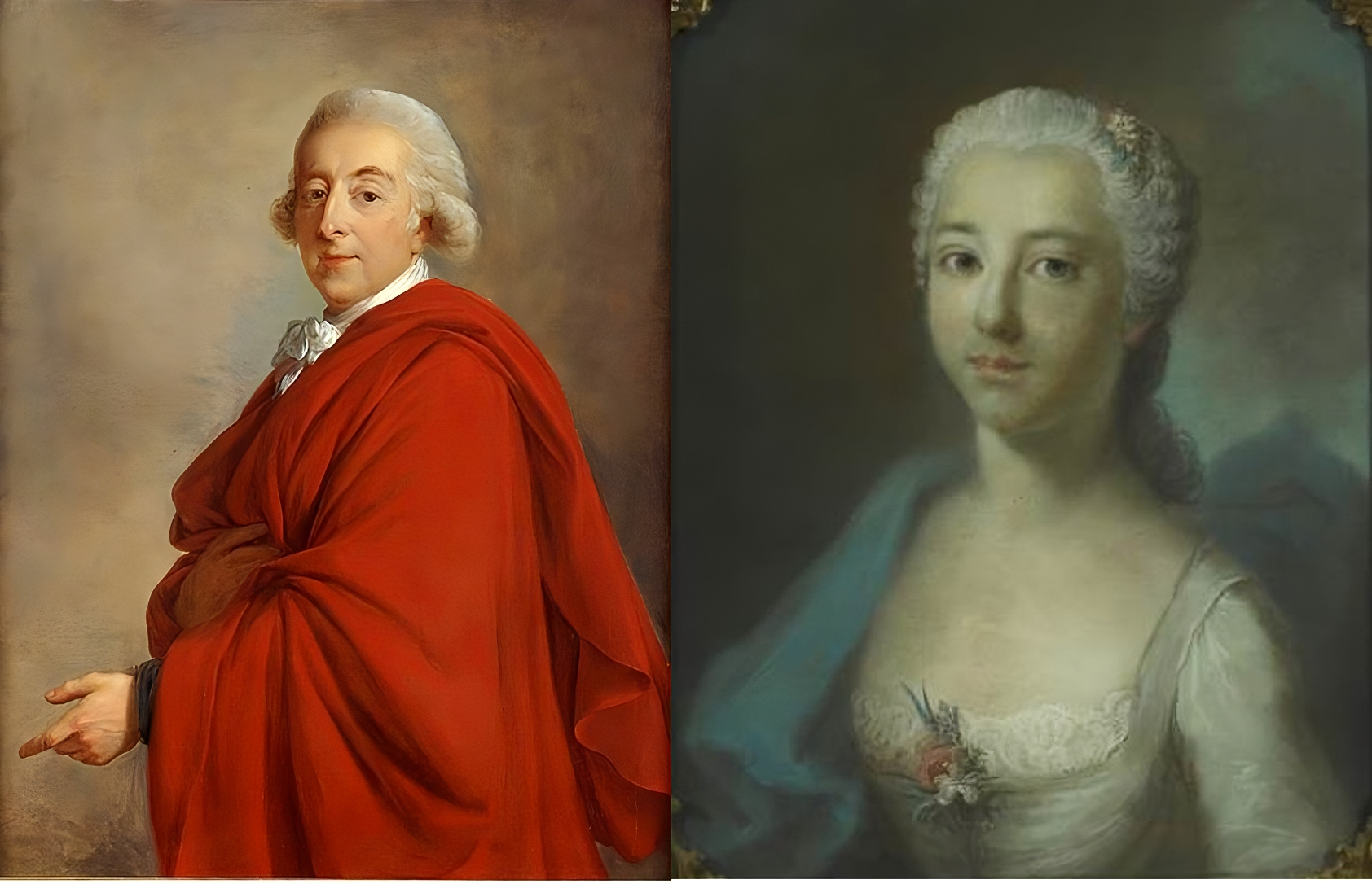 Zdjęcie z lewej strony przedstawia  malarskie wyobrażenie polskiego republikanina w czerwonym płaszczu, co sugeruje ambicje monarchiczne. Mężczyzna jest w średnim wieku, bez zarostu, we francuskiej peruce. Jest widoczny z profilu i od bioder w górę. Lewą dłoń położył na piersi, a prawą ułożył w pozycji do oracji: odciągnął kciuk od palca wskazującego, który to paliczek wyprostował. Spod udrapowanego płaszcza wystaje mu żabot koszuli. Po prawej stronie portret młodej Izabeli Czartoryskiej w utrefionej francuskiej peruce przyozdobionej kwiatami. Zdobią one również głęboki dekolt sukni zakończonej przy piersiach koronką. Na suknię narzucony jest jedwabny płaszcz, okrywający prawe ramię. Kobieta ma duże oczy i patrzy na wprost widza. Jej cera jest blada, co kontrastuje z powagą jej twarzy i nadaje osobowości dwuznaczny charakter. 