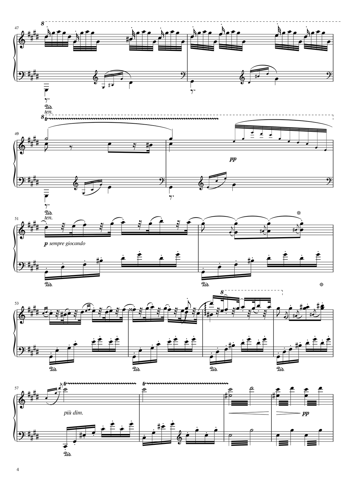 Partytura do utworu „Rapsodia węgierska nr 2” cis‑moll, takty 47 - 60