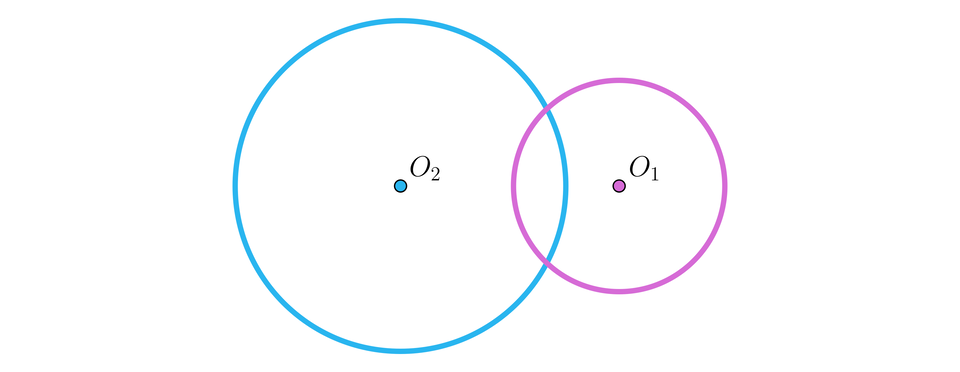 Na ilustracji przedstawione są dwa okręgi z zaznaczonymi środkami. Po lewej stronie większy O dwa i po prawej stronie mniejszy O jeden. Okręgi nachodzą na siebie, przecinając się w dwóch punktach.
