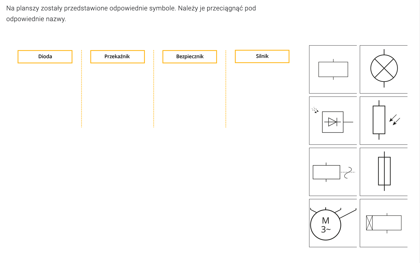 Ilustracja przedstawia przykładowe zadanie. Na górze znajduje się polecenie. Niżej wydzielone są sektory, do przeciągnięcia elementów znajdujących się po prawej stronie.