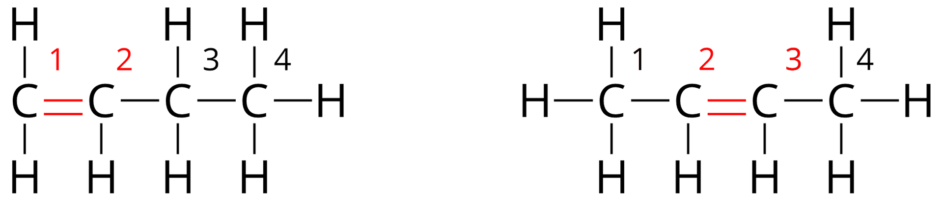 Grafika przedstawia dwa wzory strukturalne butenu. Złożone są one z 4 atomów węgla. Każdy węgiel ponumerowany jest od 1 do 4. Pierwszy wzór ma podwójne wiązanie pomiędzy 1 a 2 atomem węgla. Pomiędzy pozostałymi węglami jest wiązanie pojedyncze. Drugi wzór posiada podwójne wiązanie pomiędzy 2 a 3 atomem węgla. Pomiędzy resztą atomów węgli występuje wiązanie pojedyncze. Do atomów węgla dołączone są na pomocą pojedynczego wiązania atomy wodoru w ten sposób aby każdy atom węgla miał 4 wiązania. Wzór pierwszy. Pierwszy atom węgla posiada dwa atomy wodoru, drugi - jeden, trzeci - dwa, czwarty - trzy. Drugi wzór. Pierwszy atom węgla posiada trzy atomy wodoru, drugi - jeden, trzeci - jeden, czwarty‑trzy. W obu wzorach wiązanie podwójne oraz numery atomów węgla, przy których się ono znajduję zaznaczone są kolorem czerwonym. 