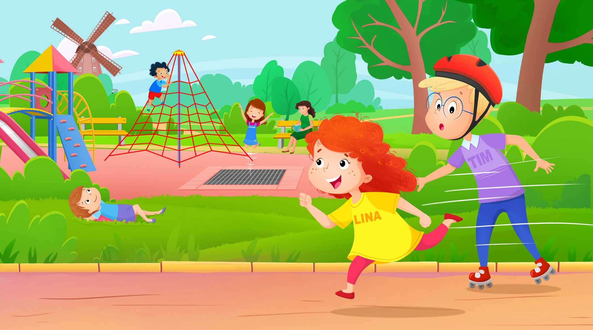 Ilustracja przedstawia dzieci bawiące się na placu zabaw. Tim jedzie na rolkach i goni biegnącą Linę.