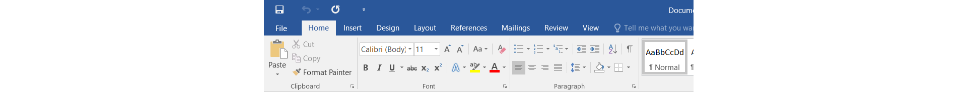 Zrzut z ekranu przedstawia fragment wstążki programu MS Word. Aktywna jest karta o nazwie Home. Polecenia na karcie zostały pogrupowane. Pierwsza grupa od lewej strony to Clipboard, zawiera polecenia: Paste, Cut, Copy oraz Format Painter. Kolejna grupa Font zawiera listy rozwijane na których można wybrać czcionkę oraz jej rozmiar. Można również wybrać opcje pogrubienia, kursywy podkreślenia lub przekreślenia tekstu. Dostępne są przyciski indeksu dolnego i górnego, możliwość wstawienia tekstu ozdobnego oraz zmiany koloru i tła czcionki. Kolejna grupa to Paragraph, zawiera przyciski umożliwiająca wstawienie listy wypunktowanej, numerowanej, wielopoziomowej, zmniejszenie lub zwiększenie wcięcia w tekście, posortowanie tekstu, wyrównanie do lewej, środka prawej lub wyjustowanie. Można również dodać obramowanie i wypełnienie akapitu. Znajduje się tutaj również przycisk umożliwiający pokazania znaków niedrukowanych, takich jak spacje, znaki końca akapitów, tabulatory.