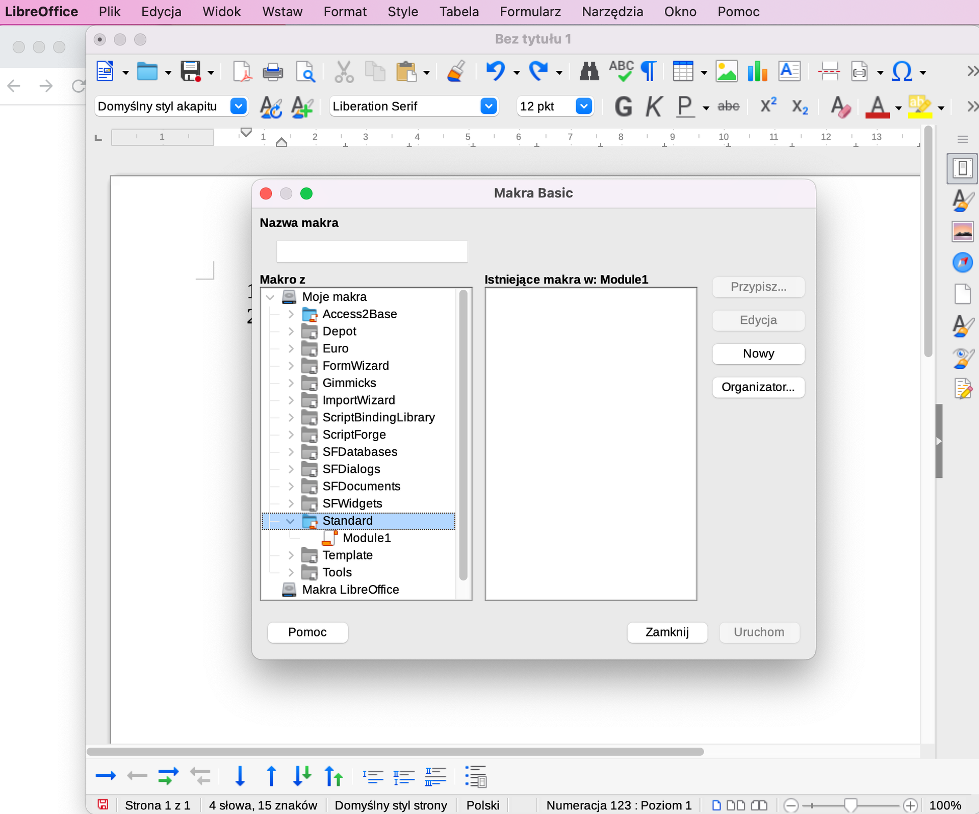 Ilustracja przedstawia fragment dokumentu LibreOffice Writer. W górnym pasku widoczne są ikonki programu, w centralnym punkcie dokumentu widoczne jest okno: Makra basic. Po lewej stronie okna znajduje się podłużna lista: Moje makra. Pod spodem znajdują się opcje. Spośród nich wybrana jest opcja Standard, a pod nią opcja  Module 1 . Duże okno pośrodku zatytułowane: Istniejące makra w: Module1 jest puste, z prawej strony widoczne są przyciski: Przypisz, Edycja, Nowy, Organizator. Na dole okna znajdują się przyciski: Pomoc, Zamknij, Uruchom. 