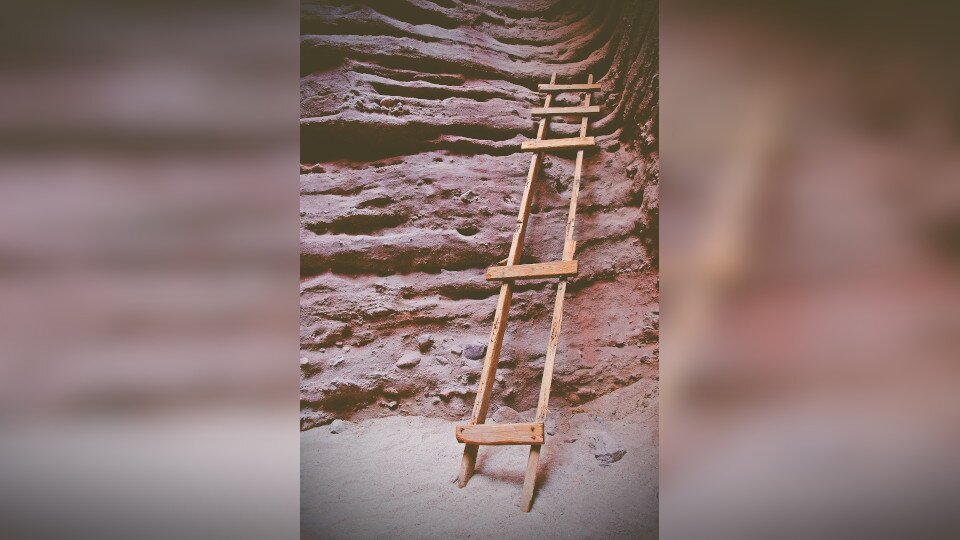 Zdjęcie przedstawia jamę w ziemi. Ściana jamy jest kamienista. Oparta jest o nią drewniana drabina.