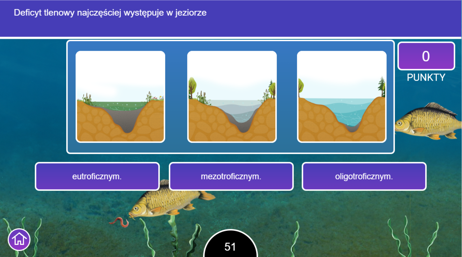 Grafika przedstawia ekran gry z widocznym pytaniem oraz odpowiedziami do wyboru. Polecenie znajduje się na górnym niebieskim pasku po lewej stronie. Po prawej stronie, czyli w górnym prawym rogu ekranu, poniżej paska z poleceniem, widoczna jest punktacja. Na środku grafiki widać trzy obrazki, a poniżej niebieskie prostokąty z odpowiedziami do wyboru. W dolnym lewym rogu znajduje się ikona domku, który pozwala na powrót do ekranu startowego. Na dole ekranu znajduje się licznik czasu. W tle ekranu widać zbiornik wodny, w której pływają ryby. Jedna ryba znajduje się przy robaku.