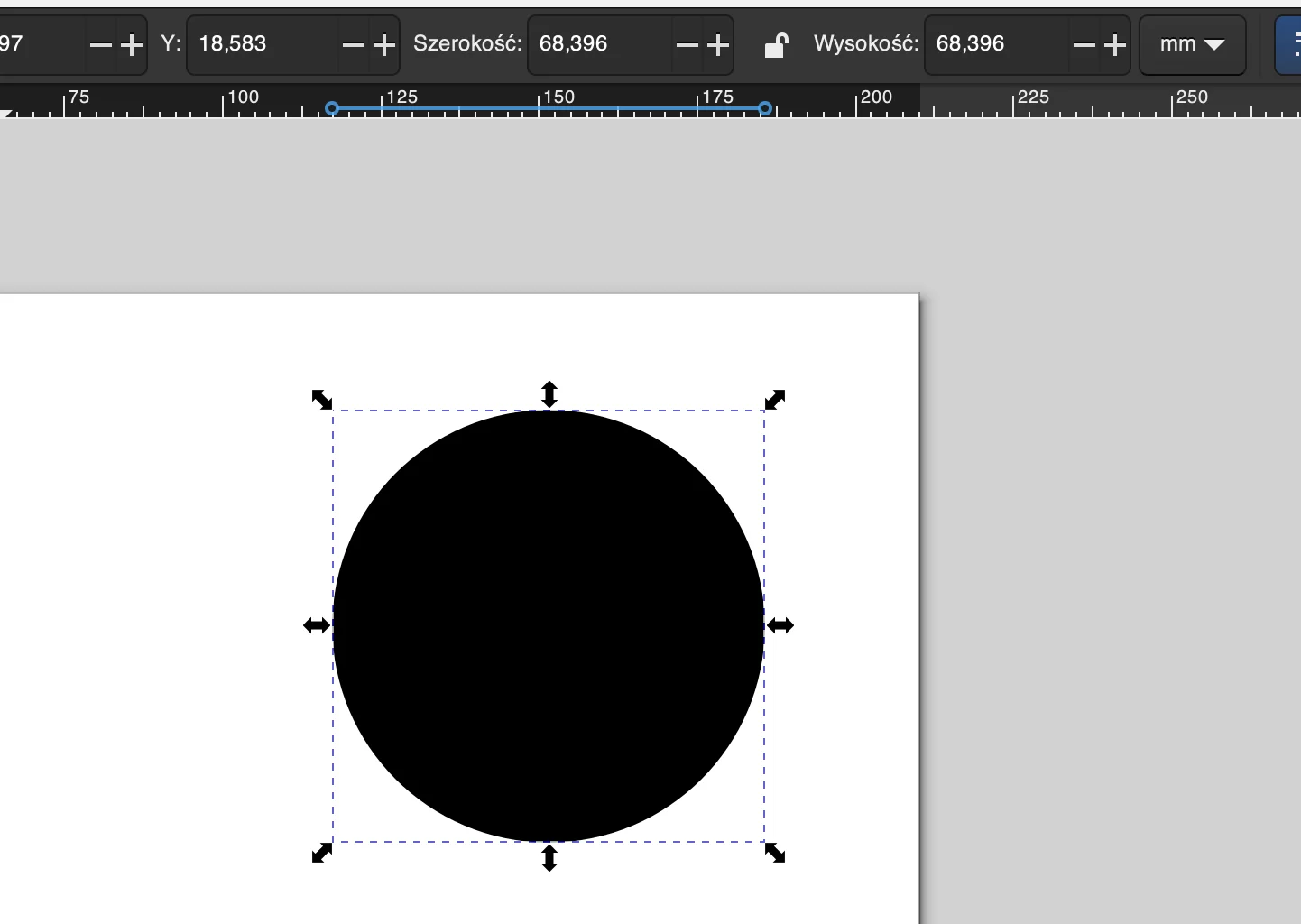 Ilustracja przedstawia fragment okna programu Inkscape. Na powierzchni roboczej znajduje się czarne koło. Koło wpisane jest w kwadrat, na którego bokach oraz na jego wierzchołkach znajdują się strzałki umożliwiające zmianę rozmiaru koła.