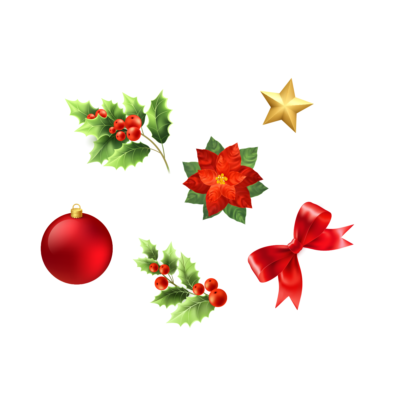 Ilustracja przedstawia bombkę, czerwoną kokardę, gałązkę wawrzynu, złotą gwiazdę i kwiat gwiazdy betlejemskiej. 