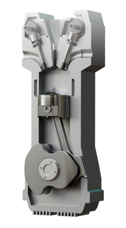 Na ilustracji jest mechanizm krzywkowy. Przedstawia detal urządzenia przypominający kształtem klucz francuski. W obydwu ramionach tego klucza znajdują się dwa małe okrągłe, obracające się elementy. Pod nimi mamy równie małe metalowe walce połączone z niewielkimi prętami skierowanymi ku dość dużemu stożkowi, który połączony jest z metalowym spłaszczonym prętem a ten z płaskim elementem o nieregularnym kształcie.