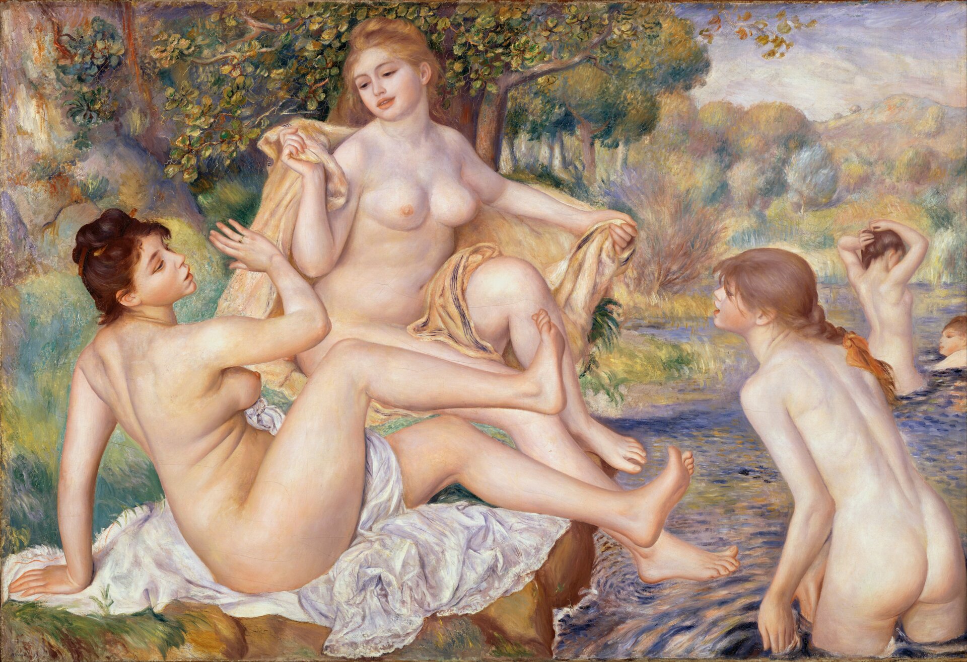 Ilustracja o kształcie poziomego prostokąta przedstawia obraz Auguste Renoira „Wielkie kąpiące się”. Ukazuje nagie kobiety kąpiące się w jeziorze. W tle widać las oraz góry na horyzoncie. 