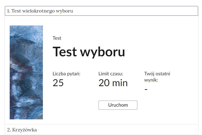 Widok na przykładowe ćwiczenie w otwartej zakładce. Widoczny ekran startowy testu wyboru z przyciskiem uruchom.