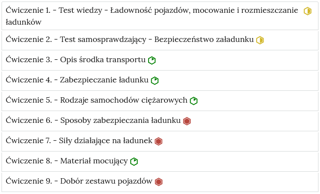 Zrzut ekranu przedstawia zakładki, w których znajdują się ćwiczenia interaktywne. Każda zakładka jest długim poziomym paskiem zawierającym numer ćwiczenia, tytuł i poziom trudności. Na przykład: ćwiczenie 3 myślnik opis środka transportu, poziom niski. Po kliknięciu na zakładkę lub wciśnięciu klawisza enter, zakładka rozwija się i pojawia się ćwiczenie w niej umieszczone. 